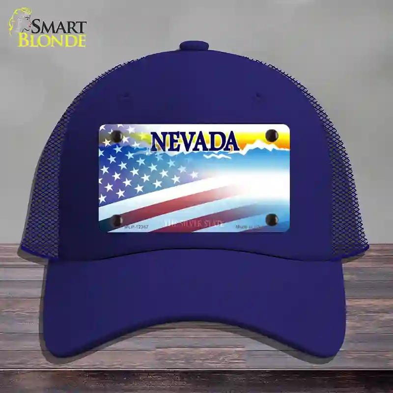 HAT18-MLP-12357 Nevada with American Flag Novelty License Plate Hat, Mesh - Royal Blue