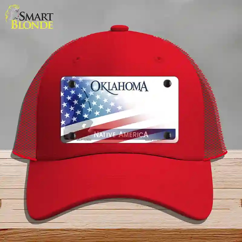 HAT17-MLP-12455 Oklahoma Bow with American Flag Novelty License Plate Hat, Mesh - Red