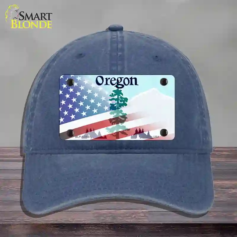 HAT11-MLP-12366 Oregon with American Flag Novelty License Plate Hat, Unconstructed Cotton - Navy