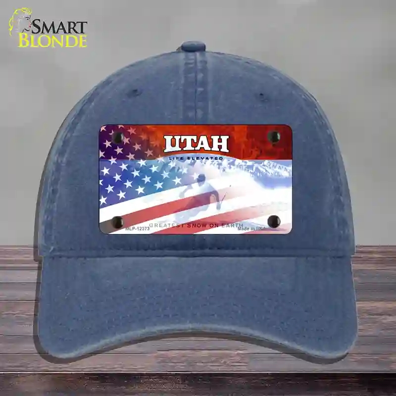 HAT11-MLP-12373 Utah with American Flag Novelty License Plate Hat, Unconstructed Cotton - Navy