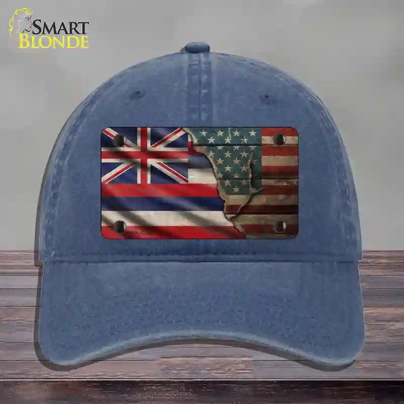 HAT11-MLP-12390 Hawaii & American Flag Novelty License Plate Hat, Unconstructed Cotton - Navy