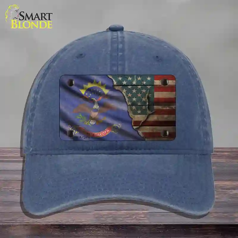 HAT11-MLP-12413 North Dakota & American Flag Novelty License Plate Hat, Unconstructed Cotton - Navy