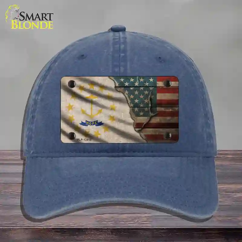 HAT11-MLP-12418 Rhode Island & American Flag Novelty License Plate Hat, Unconstructed Cotton - Navy