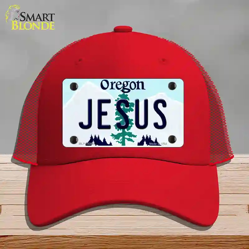 HAT17-MLP-10368 Jesus Oregon Novelty License Plate Hat, Mesh - Red