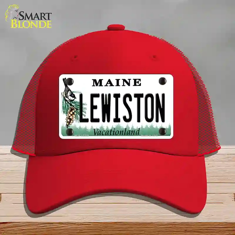 HAT17-MLP-10389 Lewiston Maine Novelty License Plate Hat, Mesh - Red