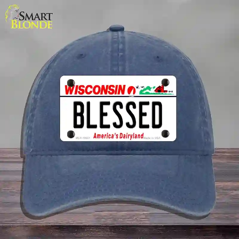 HAT11-MLP-10651 Blessed Wisconsin Novelty License Plate Hat, Unconstructed Cotton - Navy