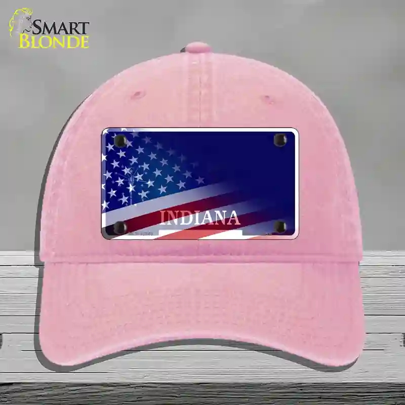 HAT12-MLP-12343 Indiana with American Flag Novelty License Plate Hat, Unconstructed Cotton - Pink