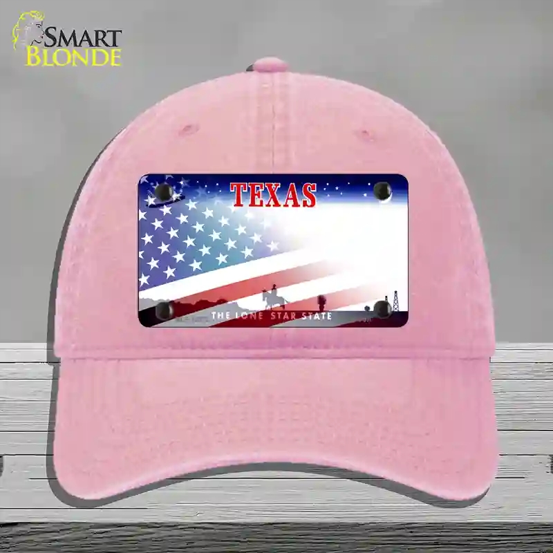 HAT12-MLP-12372 Texas with American Flag Novelty License Plate Hat, Unconstructed Cotton - Pink