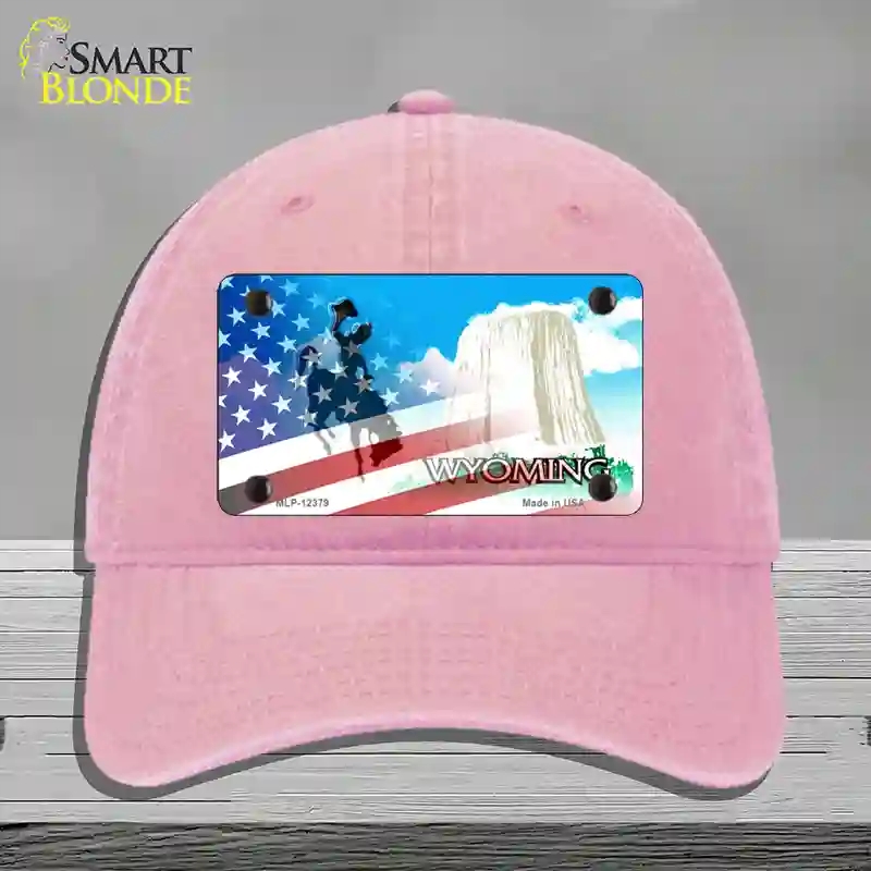 HAT12-MLP-12379 Wyoming with American Flag Novelty License Plate Hat, Unconstructed Cotton - Pink
