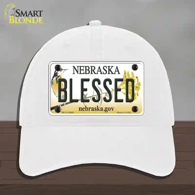 HAT14-MLP-10600 Blessed Nebraska Novelty License Plate Hat, Unconstructed Cotton - White