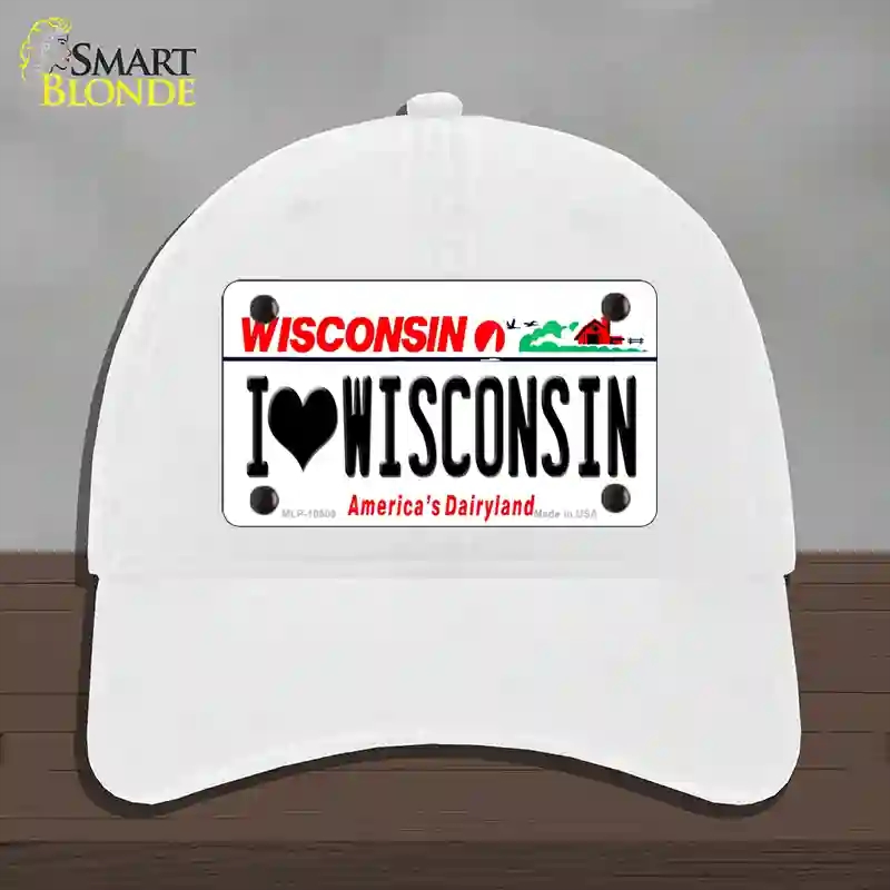 HAT14-MLP-10609 I Love Wisconsin Novelty License Plate Hat, Unconstructed Cotton - White