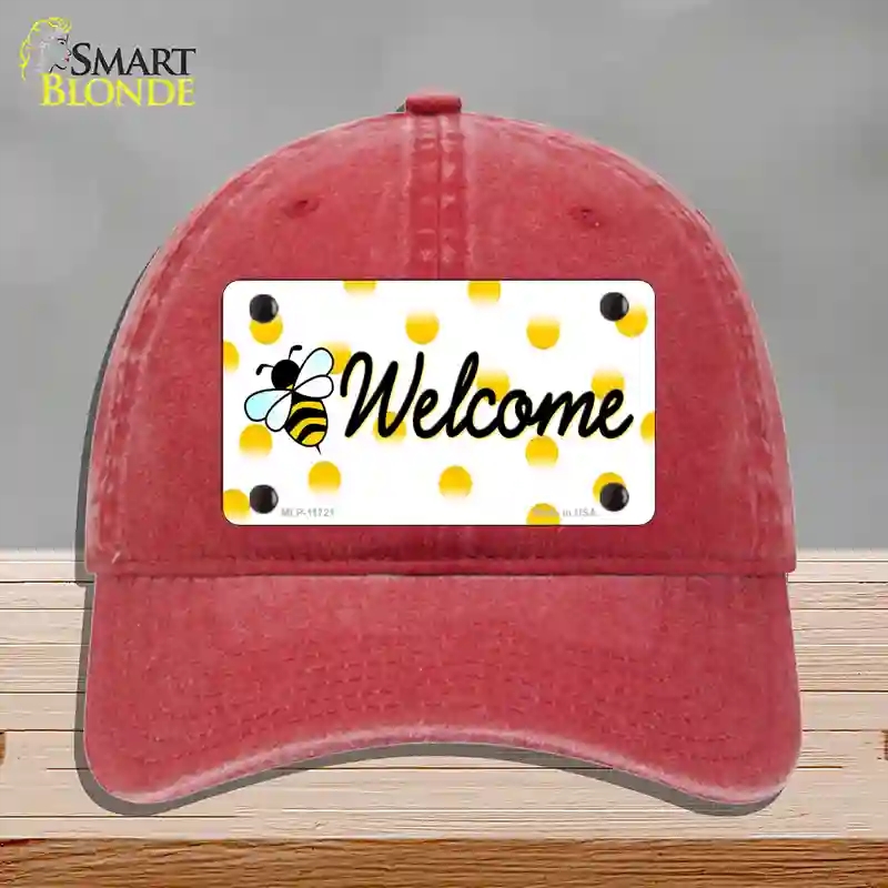 HAT13-MLP-11721 Welcome Bee Novelty License Plate Hat, Unconstructed Cotton - Red