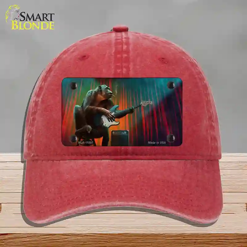 HAT13-MLP-11897 Monkey with Guitar Novelty License Plate Hat, Unconstructed Cotton - Red