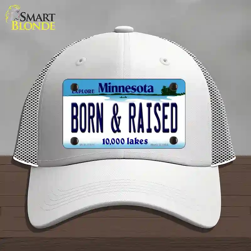 HAT19-MLP-11071 Born & Raised Minnesota State Novelty License Plate Hat, Mesh - White