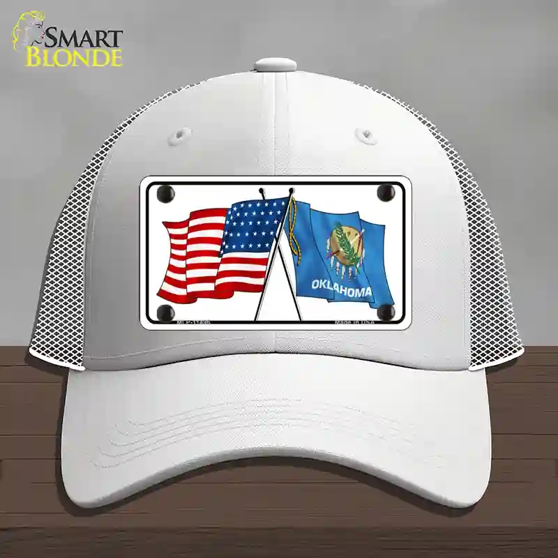 HAT19-MLP-11496 Oklahoma Crossed US Flag Novelty License Plate Hat, Mesh - White