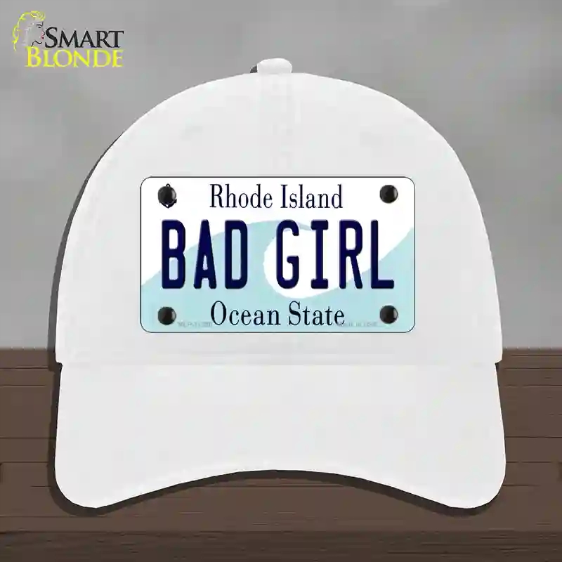 HAT14-MLP-11220 Bad Girl Rhode Island State Novelty License Plate Hat, Unconstructed Cotton - White