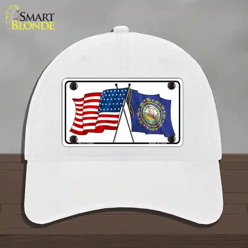 HAT14-MLP-11489   Hampshire Crossed US Flag Novelty License Plate Hat, Unconstructed Cotton - White