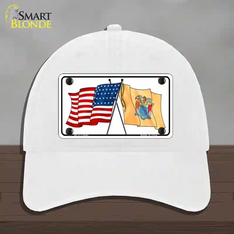 HAT14-MLP-11490   Jersey Crossed US Flag Novelty License Plate Hat, Unconstructed Cotton - White