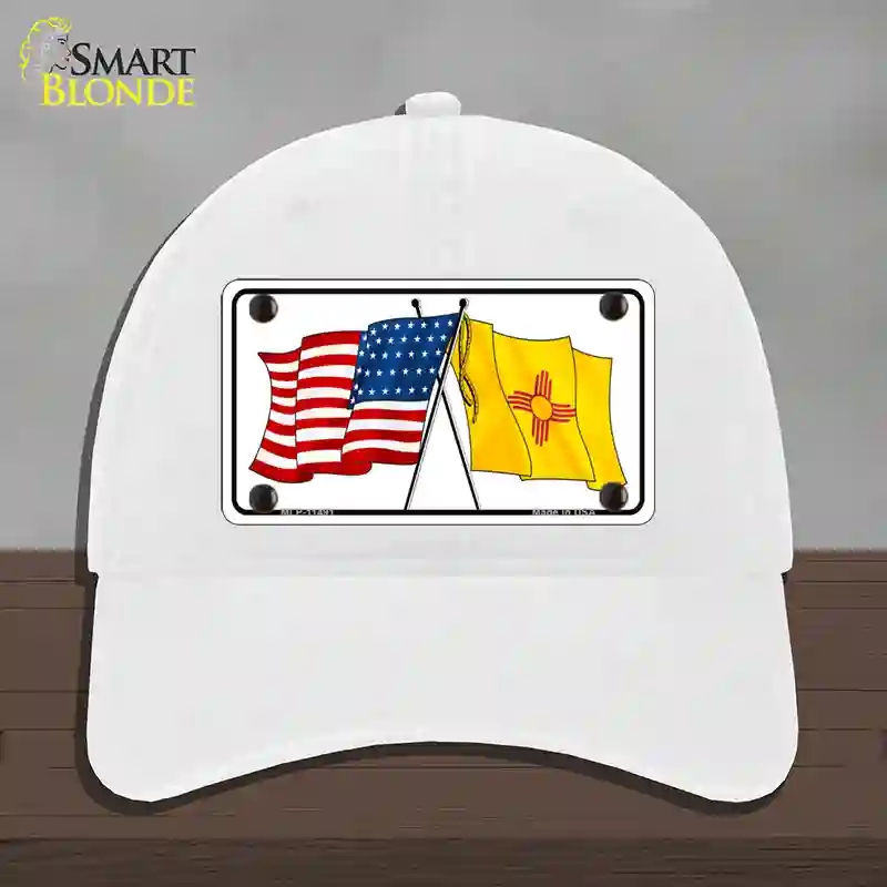 HAT14-MLP-11491   Mexico Crossed US Flag Novelty License Plate Hat, Unconstructed Cotton - White