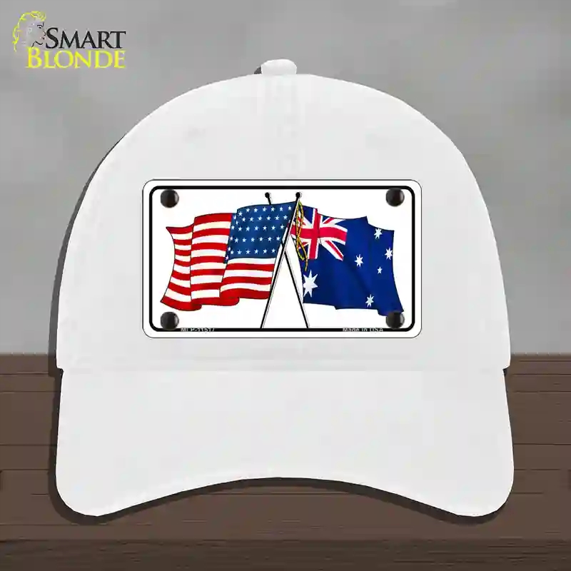 HAT14-MLP-11517 Australia Crossed US Flag Novelty License Plate Hat, Unconstructed Cotton - White