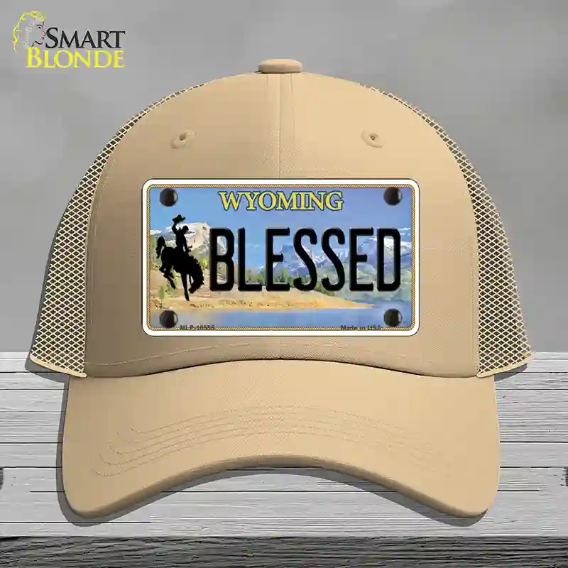 HAT15-MLP-10555 Blessed Wyoming Novelty License Plate Hat, Mesh - Khaki