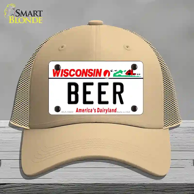 HAT15-MLP-10622 Beer Wisconsin Novelty License Plate Hat, Mesh - Khaki
