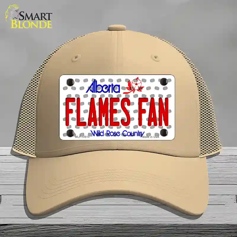 HAT15-MLP-10818 Flames Fan Alberta Novelty License Plate Hat, Mesh - Khaki