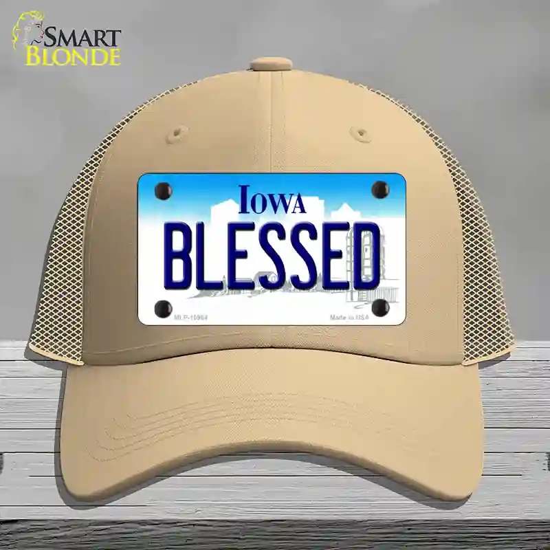 HAT15-MLP-10964 Blessed Iowa Novelty License Plate Hat, Mesh - Khaki