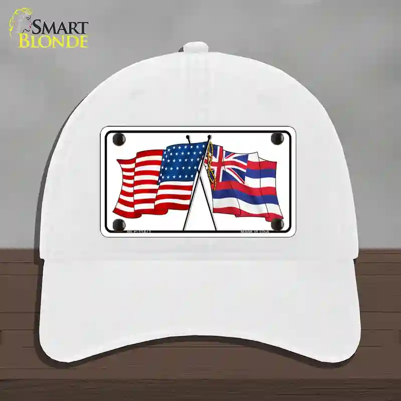 HAT14-MLP-11471 Hawaii Crossed US Flag Novelty License Plate Hat, Unconstructed Cotton - White
