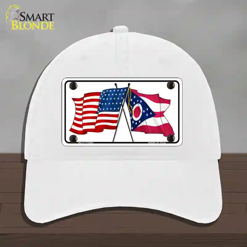 HAT14-MLP-11495 Ohio Crossed US Flag Novelty License Plate Hat, Unconstructed Cotton - White