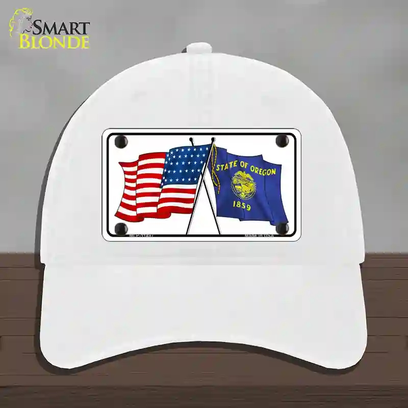 HAT14-MLP-11497 Oregon Crossed US Flag Novelty License Plate Hat, Unconstructed Cotton - White