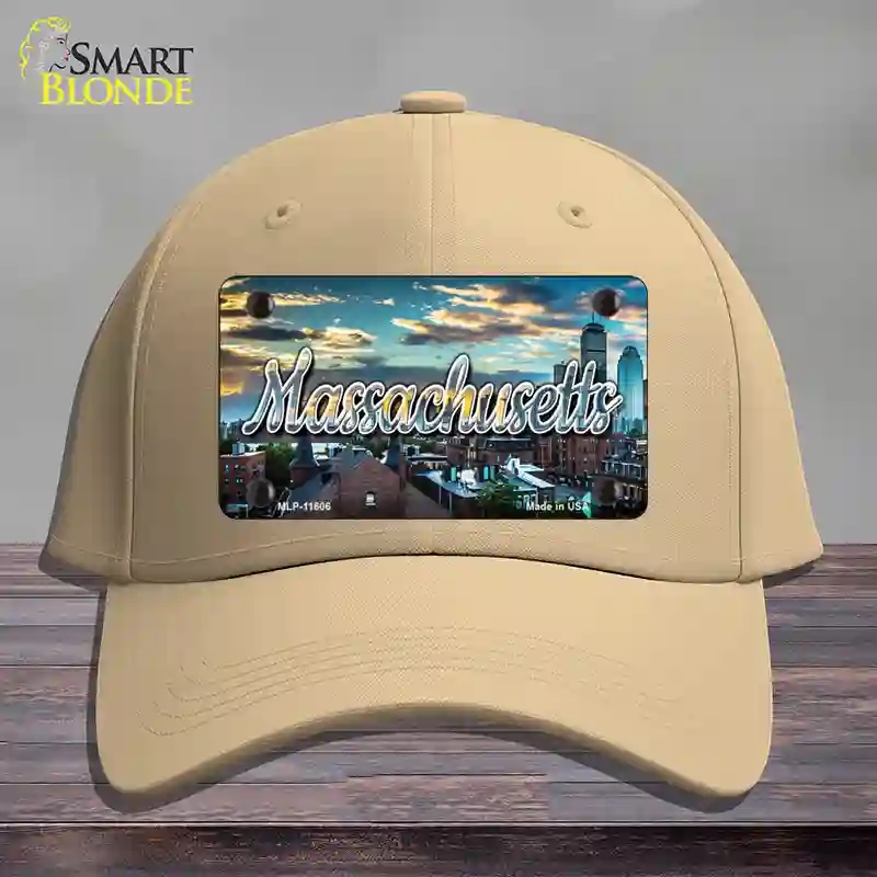 HAT22-MLP-11606 Massachusetts Sunset Skyline State Novelty License Plate Hat, Cotton - Khaki