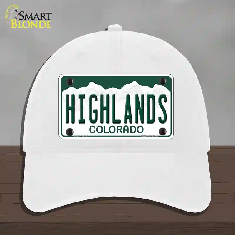 HAT14-MLP-12191 Highlands Colorado Novelty License Plate Hat, Unconstructed Cotton - White
