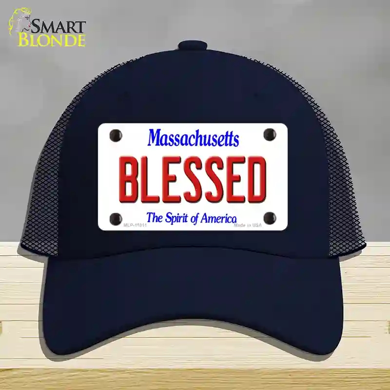 HAT16-MLP-11011 Blessed Massachusetts Novelty License Plate Hat, Mesh - Navy