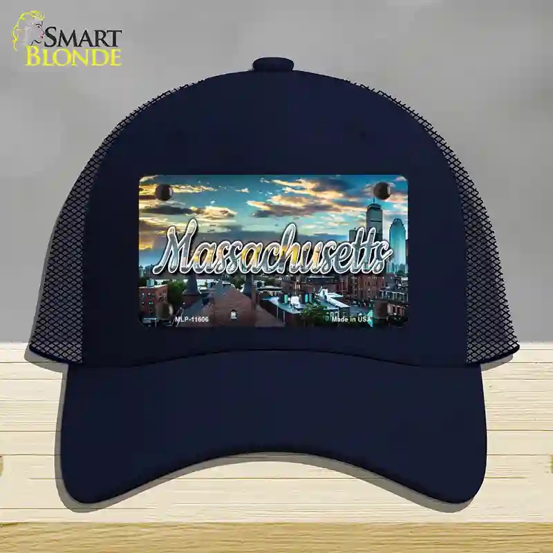 HAT16-MLP-11606 Massachusetts Sunset Skyline State Novelty License Plate Hat, Mesh - Navy
