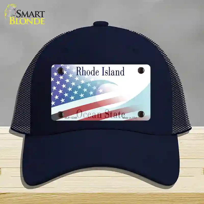 HAT16-MLP-12368 Rhode Island with American Flag Novelty License Plate Hat, Mesh - Navy