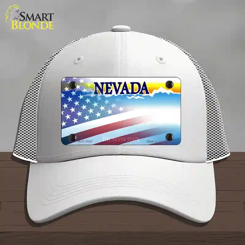 HAT19-MLP-12357 Nevada with American Flag Novelty License Plate Hat, Mesh - White