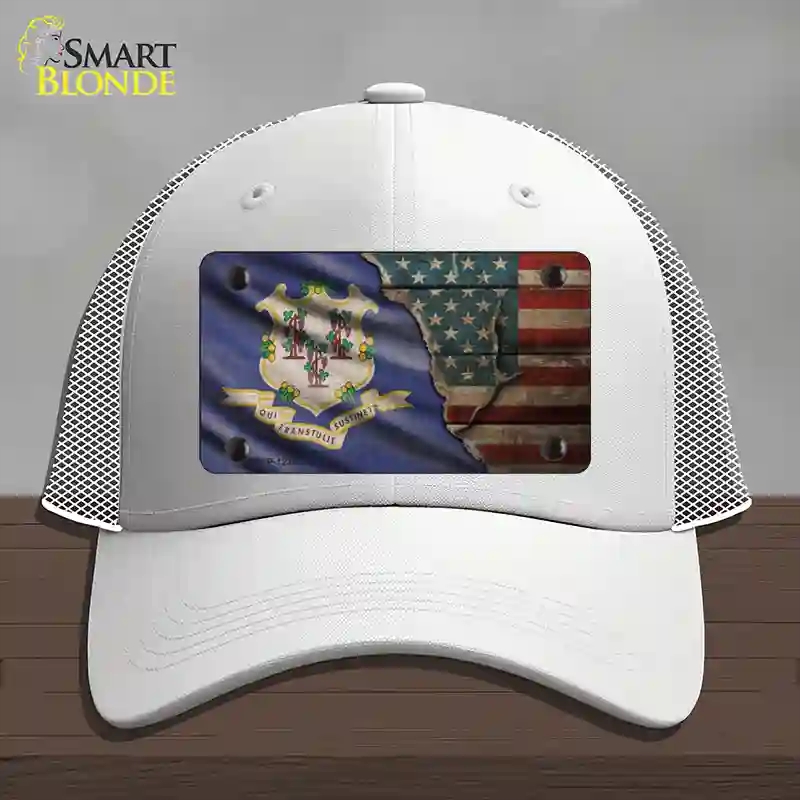 HAT19-MLP-12386 Connecticut & American Flag Novelty License Plate Hat, Mesh - White