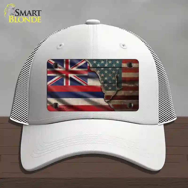 HAT19-MLP-12390 Hawaii & American Flag Novelty License Plate Hat, Mesh - White