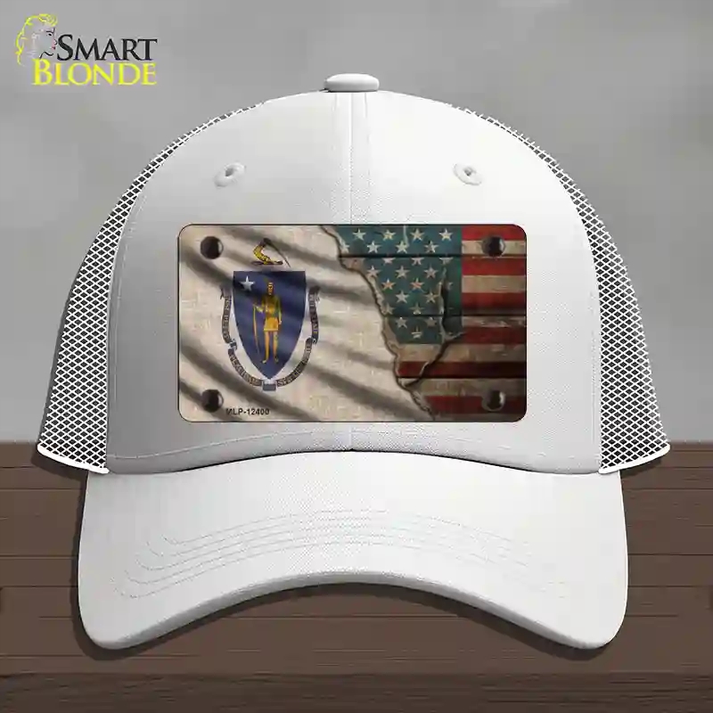 HAT19-MLP-12400 Massachusetts & American Flag Novelty License Plate Hat, Mesh - White