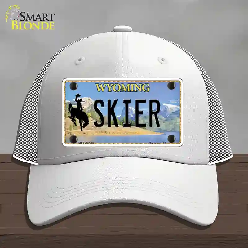 HAT19-MLP-10539 Skier Wyoming Novelty License Plate Hat, Mesh - White