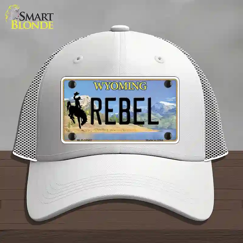HAT19-MLP-10562 Rebel Wyoming Novelty License Plate Hat, Mesh - White