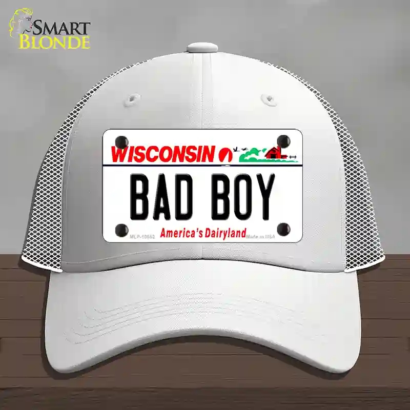 HAT19-MLP-10652 Bad Boy Wisconsin Novelty License Plate Hat, Mesh - White