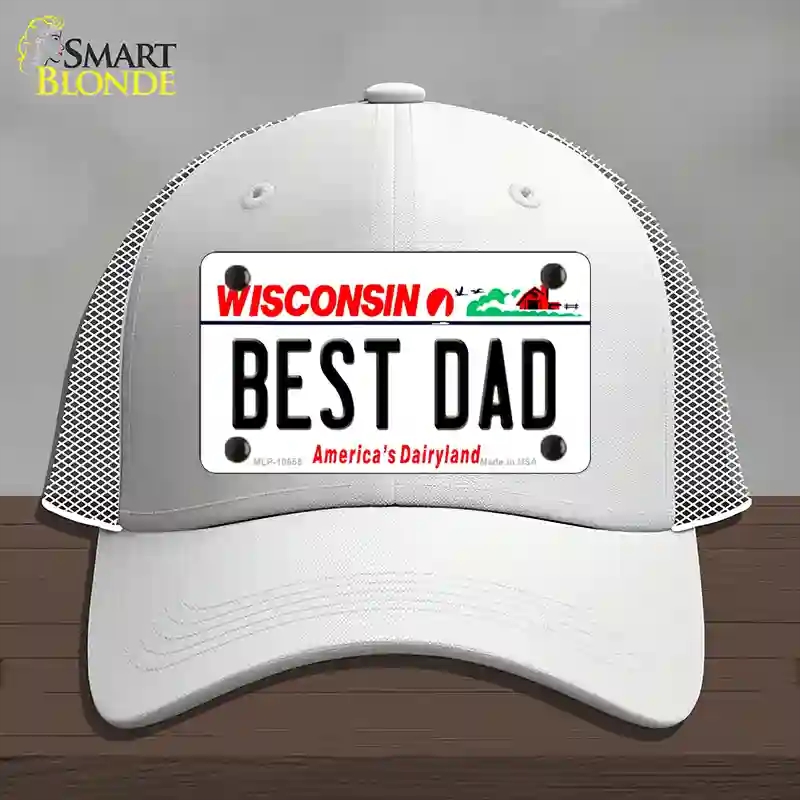 HAT19-MLP-10655 Best Dad Wisconsin Novelty License Plate Hat, Mesh - White