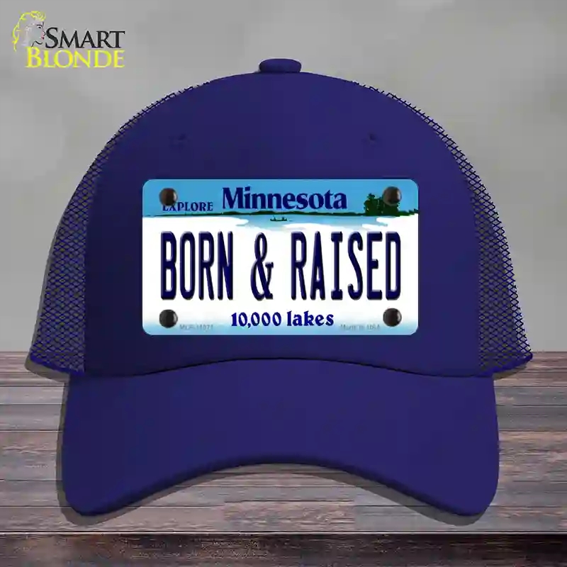 HAT18-MLP-11071 Born & Raised Minnesota State Novelty License Plate Hat, Mesh - Royal Blue