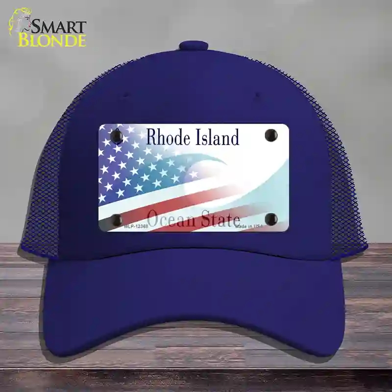 HAT18-MLP-12368 Rhode Island with American Flag Novelty License Plate Hat, Mesh - Royal Blue