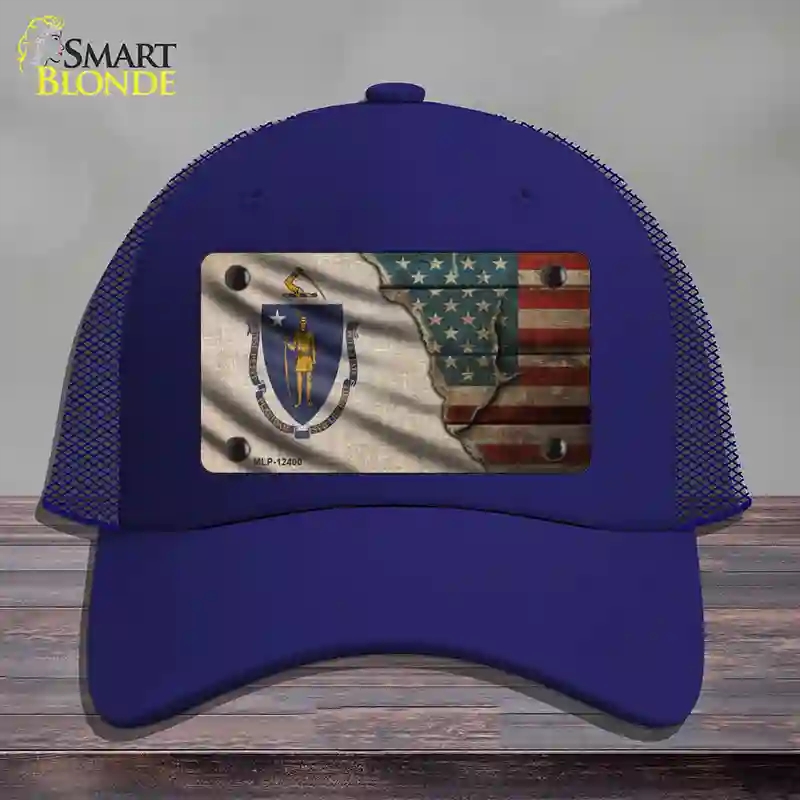 HAT18-MLP-12400 Massachusetts & American Flag Novelty License Plate Hat, Mesh - Royal Blue