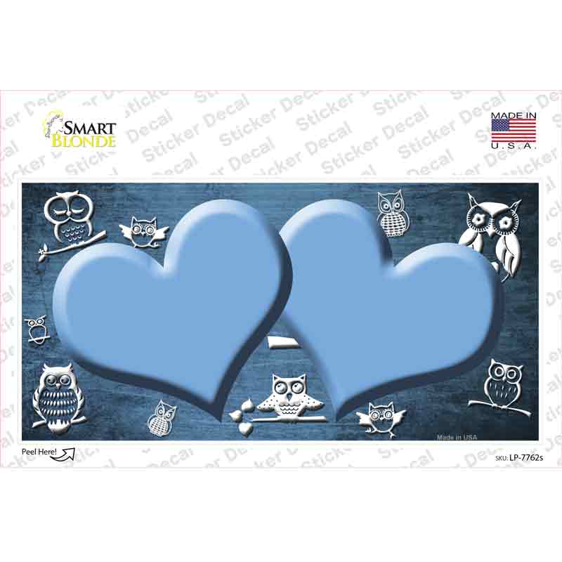 LP-7762s-M Light Blue White Owl Hearts Oil Rubbed Novelty Sticker Decal, Medium