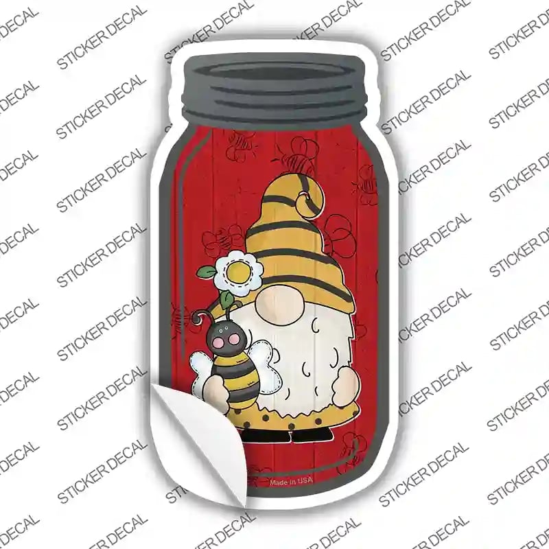 MJ-765s-S Gnome with Bee Red Novelty Mason Jar Sticker Decal, Small