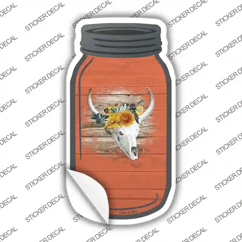 MJ-811s-S Cow Skull Orange Novelty Mason Jar Sticker Decal, Small